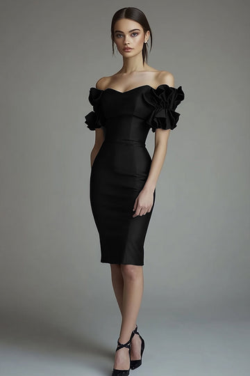 Black Bodycon Satin Short Cocktail Dress with Ruffles